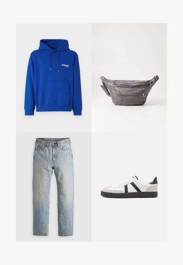 Blauer Kapuzenpullover mit einer Kängurutasche, Zugbandhuft und gerippten Bündchen. Mit einem kleinen weißen Logo auf der Brust. Weicher Stoff.; Helle blaue Jeans mit hoher Taille, Frontknopf, Reißverschluss und fünf Taschen-Design, flach auf einem neutralen Hintergrund ausgelegt.; Weiße Sneaker mit schwarz- und grau-aczenten, ausgestattet mit einer strukturierten grauen Zehenkappe, schwarzer Gummi-Sohle und flachen weißen Schnürsenkeln. Sauberes Design, minimalistische Stil.; Graue Wildleder-Gürteltasche mit runder Form, zwei mit Reißverschluss verschlossenen Fächern und verstellbarem Trageriemen. Mit metallischen Hardware-Akzenten.