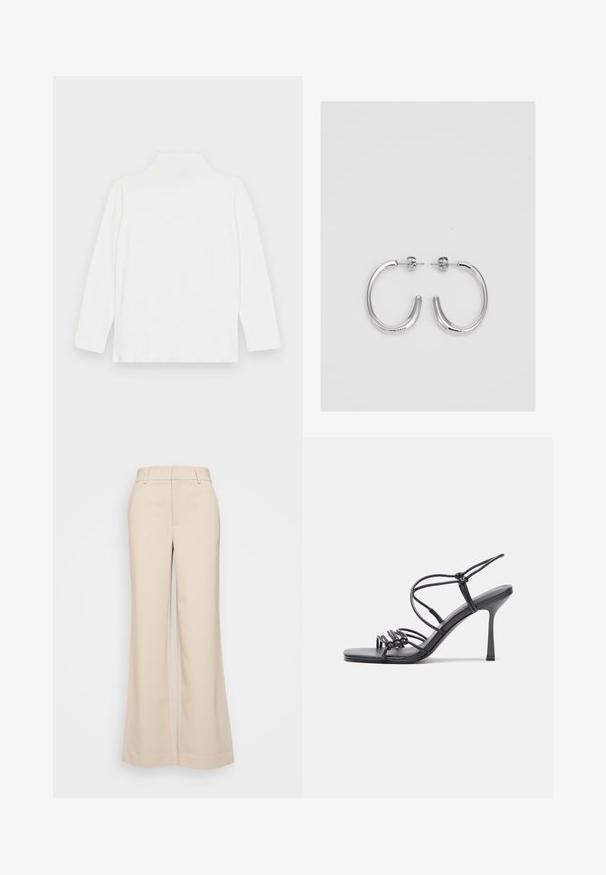 Valkoinen pitkähihaisen poolopaita, jossa on sileä pinta ja rento malli, korkea kaulus ja suora helma. Ei näkyviä kuvioita tai yksityiskohtia.; Beige levelek pantsa, jotka ovat sileätekstuuriset ja joissa on korkea vyötärö sekä kaksi etutaskua. Siisti muotoilu ja istuva malli.; Mustat korkokengät sandaalit, joissa on ohuet hihnat solmittuna, sileä neliön muotoinen varvasosa ja tyylikäs stiletto-korko.; Hopehopeet hopehopeet hopehopeet hopehopeet, jolla on sileä, kiiltävä pinta. Pyöreä muoto, kevyt rakenne, jossa on neulakiinnitys.