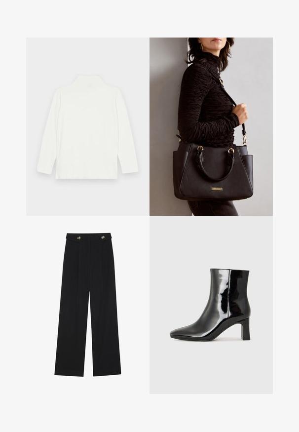 White long-sleeve turtleneck top with a smooth texture and relaxed fit, featuring a high neckline and straight hem. No visible patterns or accents.; Black wide-leg trousers with high waist, button details on waistband, and front pleats.; Black patent leather ankle boot with a pointed toe and a mid-height block heel. Smooth texture and minimalist design.; Black handbag with textured surface, dual top handles, and adjustable shoulder strap. Features gold-tone hardware and side pockets.