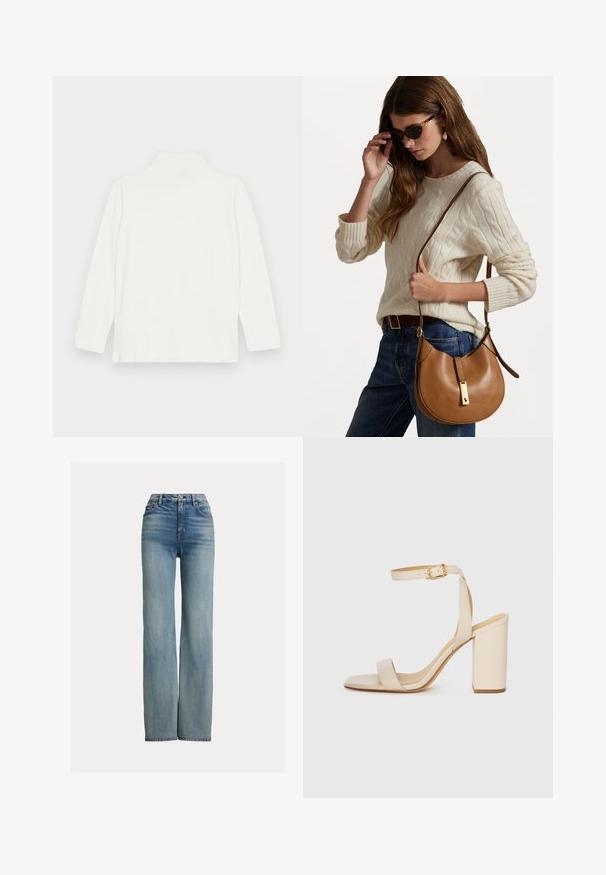 Balta ilga rankovė turtleneko palaidinė su lygiu paviršiumi ir laisvu siluetu, turinti aukštą apykaklę ir tiesų briauną. Be matomų raštų ar akcentų.; Aukšto juosmens tiesiakojinės mėlynos džinsai su priekinių kišenių, diržo kilpelių ir mygtuko uždarymu, turintys subtilius išblukimo akcentus.; Bežinės aukštakulnės šlepetės su kvadratiniu носu, plona kulkšnies juosta ir blokiniu kulnu. Lygus odos tekstūra su aukso sagte.; Ruda odinė pečių rankinė su kreiva forma ir auksinėmis detalėmis. Modelis vilki šviesią mezginio megztinį ir mėlynus džinsus.