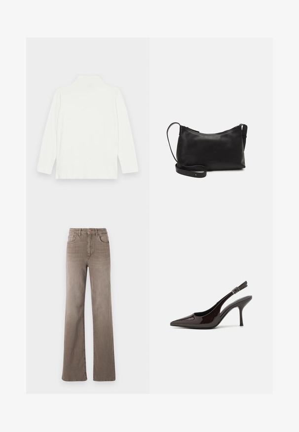 White long-sleeve turtleneck top with a smooth texture and relaxed fit, featuring a high neckline and straight hem. No visible patterns or accents.; Brown high-waist straight-leg jeans with front button, belt loops, and classic five-pocket design on a white background.; Slingback high-heeled shoe in glossy dark brown patent leather, pointed toe, open sides, and adjustable ankle strap.; Black leather shoulder bag with a smooth texture, curved shape, adjustable strap, and a zip closure. Minimalist design without embellishments.