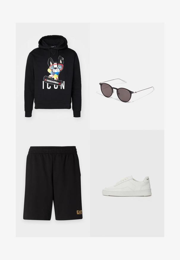 Juodas džemperis su piešiniu priekyje, vaizduojančiu animacinį šunį su slidinėjimo akiniais ir snieglente, su baltais užrašais "ICON" ir "DSQUARED2".; Juoda sportinė šortai, pagaminti iš minkštos medžiagos, su elastingu diržu ir maža geltona EA7 logo apatinėje kairėje kojoje.; Balti odiniai sportiniai bateliai su lygia apdaila, apvaliu pirštu, plokščiais raišteliais ir tekstūruotu padu. Pasižymi subtiliu logotipu ant kulno.; Juodos apvalios saulės akinių su tamsiais lęšiais ir plonomis metalinėmis šakomis. Įtraukti skaidrūs šventyklų galai ir sidabriniai akcentai vyrio srityje. Minimalistinis dizainas.