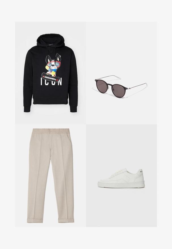 Mustvalge kapuutsiga, mille esiküljel on graafika, kus on karikatuurikoer suusagoglite ja lumelaudadega, ning mis sisaldab valget teksti "ICON" ja "DSQUARED2".; Filippa K TERRY CROPPED TROUSERS - Püksid - sage melange; Valge nahast tennis, millel on sile põhi, ümar varvas, lamedad nöörid ja tekstuuriline tall. Sisaldab diskreetset logo kontsaribal.; Mustad mustad prillid tumedate läätsedega ja õhukeste metallist käepidemetega. Kaarja kujuga seljaosa ja hõbedased aktsendid hingel. Minimalistlik disain.