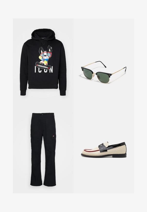 Hoodie noir avec un graphique à l'avant d'un chien de bande dessinée portant des lunettes de ski et un snowboard, comportant le texte "ICON" et "DSQUARED2" en blanc.; Pantalons cargo noirs avec une coupe droite, fabriqués en tissu durable, dotés de poches latérales et d'un logo en patch sur le côté gauche.; Mocassins beige avec un motif en relief, une bande accentuée rouge et un talon noir brillant. Ils disposent d'une lanière avec une boucle décorative. Semelle noire plate.; Lunettes de soleil avec des verres verts, un cerclage supérieur en plastique noir, des accents en métal doré et des branches fines en noir. Présente un design de pont distinctif.