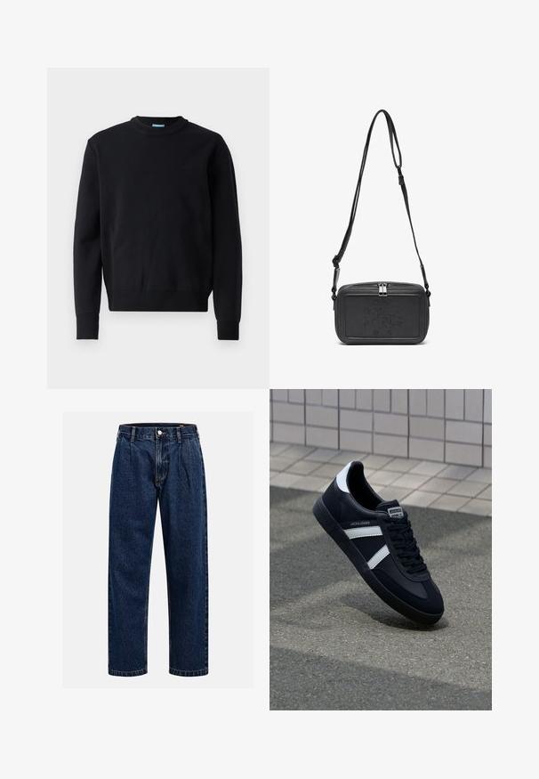 Schwarzer Sweatshirt aus Baumwollmischung, Rundhalsausschnitt, gerippte Bündchen und Saum, mit einem kleinen Logo-Detail auf der Brust.; Dunkelblaue Denim-Jeans mit geradem Bein. Mit sichtbaren Nähten, einem Knopfverschluß und Frontfalten für zusätzliche Details.; Schwarze Leder-Sneaker mit weißen Streifen, strukturiertem Gummisohle und Schnürung. Verfügt über ein Markenetikett auf der Zunge.; Schwarze Leder-Crossbody-Tasche mit einem Reißverschluss, geprägtem Logo auf der Vorderseite und verstellbarem Riemen. Glatte Textur mit rechteckiger Form.