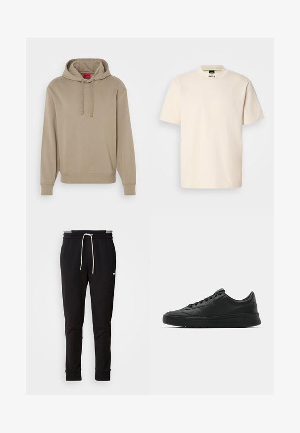 Felpa beige del marchio Hugo con cappuccio regolabile, polsini e orlo a coste, caratterizzata da un logo discreto sul petto. Tessuto dalla texture liscia.; Maglietta a maniche corte color crema con colletto alto, con la scritta "BOSS" stampata in nero sulla parte anteriore del collo e sull'etichetta interna.; Pantaloni jogger slim-fit neri con cordoncino bianco, polsini a coste e logo discreto sulla coscia contro uno sfondo uniforme.; Sneaker nera con tomaia in pelle liscia, punta rotonda, lacci piatti, collare imbottito e design minimalista. Suola in gomma con un delicato motivo a rilievo.