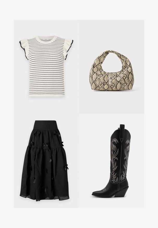Kreminių ir juodų dryžuotų megztinis su trumpomis volanėlėmis ir įgula. Minkšta tekstūra ir prigludęs dizainas.; Sister Jane BIRDIE BOW MIDI SKIRT - Trapecinis sijonas - black; Juodi oda kaubojiški batai su smailiu nosiu, stulpeliu ir sidabriniais siuvinėti gėlių raštais palei šoną. Kontrastingas siuvinėjimas visoje bato dalyje.; Gyvatės rašto rankinė su kreiviu rankenėle. Pagaminta iš tekstūruotų smėlio ir rudos spalvos medžiagų, su išskirtiniu rombo raštu.
