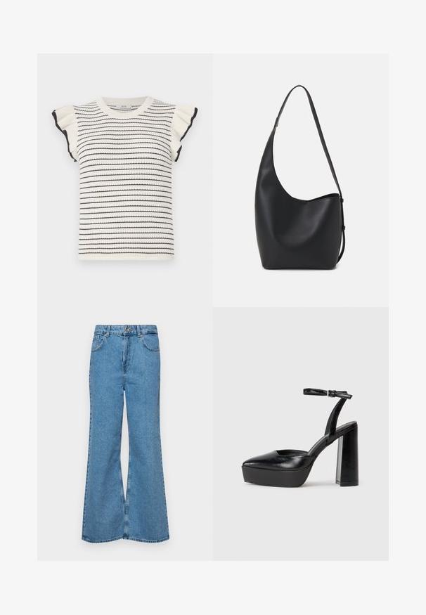 Gestreepte trui in crème met zwarte strepen, met korte, rimpelige mouwen en een geribbelde ronde hals. Zachte textuur en slim-fit ontwerp.; Lichtblauwe flared jeans van denim, met een hoge taille, vijf zakken en een enkele knoopsluiting. Zachte textuur met een vervaagde afwerking.; Zwarte plateauhakken met een puntige neus en verstelbare enkelband. Gemaakt van soepel leer, met een robuuste blokhak.; Zwarte leren hobo tas met een gladde textuur, kromme vorm en een enkele verstelbare schouderband; heeft een brede opening aan de bovenkant.
