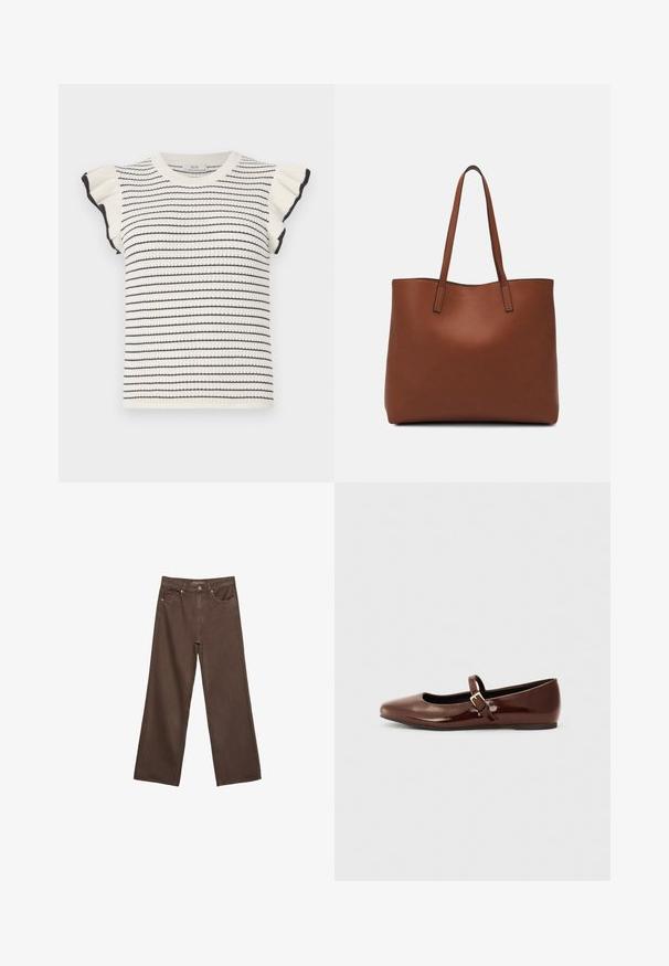Prugasta pulover v smetani z črnimi črtami, ki ima kratke volanaste rokave in rebrast okrogli izrez. Mehak material in prilegajoč kroj.; Široke rjave kavbojke iz denima, ki imajo visok pas, sprednje žepe in klasično zapiranje na gumb. Gladka tekstura s subtilnim šivom.; Rjavi lakasti baletni čevelj z kvadratnimi prsti in trakcem, ki vsebuje majhen zlat zaponko. Gladka tekstura, nizka petka in minimalističen dizajn.; Rjava usnjena torba z gladko teksturo, odprto zasnovo zgoraj in dvema naramnima trakovoma. Opremljena je z minimalnim šivanjem in brez vidnih kovinskih delov.