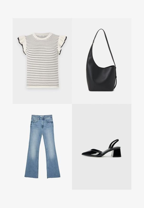 Maglione a righe in crema con righe nere, con maniche corte a volant e scollatura a girocollo a costine. Texture morbida e design aderente.; Jeans svasati di un blu chiaro realizzati in denim, con un classico design a cinque tasche e chiusura con zip e bottone.; Décolleté in vernice nera con punta affusolata e tacco in geometria cubica. Presentano un design elegante e minimalista, con una texture liscia.; Borsa hobo nera in pelle con una superficie liscia, forma curvata e una singola tracolla regolabile; presenta un'ampia apertura nella parte superiore.