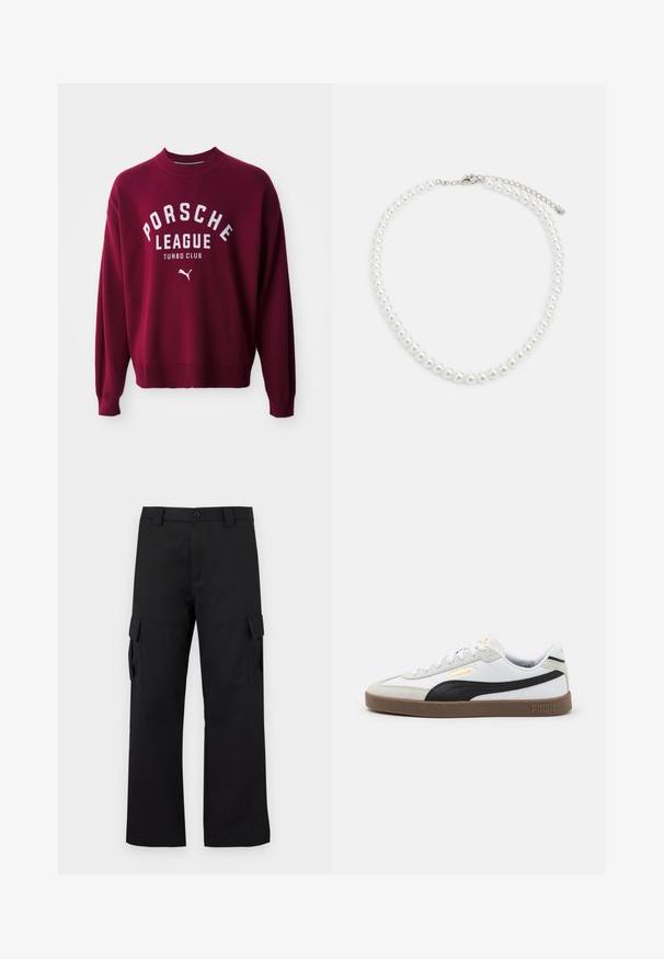 Bordeaux-farbener Strickpullover mit gerippten Bündchen und Saum, mit weißem Text: "PORSCHE LEAGUE TURBO CLUB" und einem kleinen weißen Puma-Logo.; Schwarze Cargo-Hosen mit geradem Bein Design. Hergestellt aus strapazierfähigem Stoff, mit zwei Seitentaschen mit Klappen und einem Knopfverschluss.; Weiße Ledersneaker mit schwarzen Wildlederakzenten, runde Zehen, flache braune Gummisohle und geprägt goldenen Logo an der Seite. Schnürsenkel und gepolsterter Kragen.; Weiße Perlenkette mit einheitlich runder Form, glatter Oberfläche und Metallverschluss mit Verlängerungskette für anpassbare Länge.
