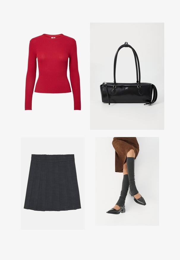 Červený žebrovaný top s dlouhým rukávem a kulatým výstřihem, přiléhavého střihu. Má hladkou texturu s pravidelnými vertikálními liniemi.; Tmavě šedá plisovaná sukně s elastickým pasem, vyrobená z texturované látky a s klasickým A-čkovým střihem. Vhodná pro každodenní nošení.; Černé lakované boty s špičatou špičkou, blokovým podpatkem a kotníkovým páskem, spárované s šedými žebrovanými návleky na nohy a hnědskou sukní z semiše.; Černá kožená kabelka obdélníkového tvaru, hladké textury, se dvěma uchy, zipovým uzávěrem a malým logem na přední straně.