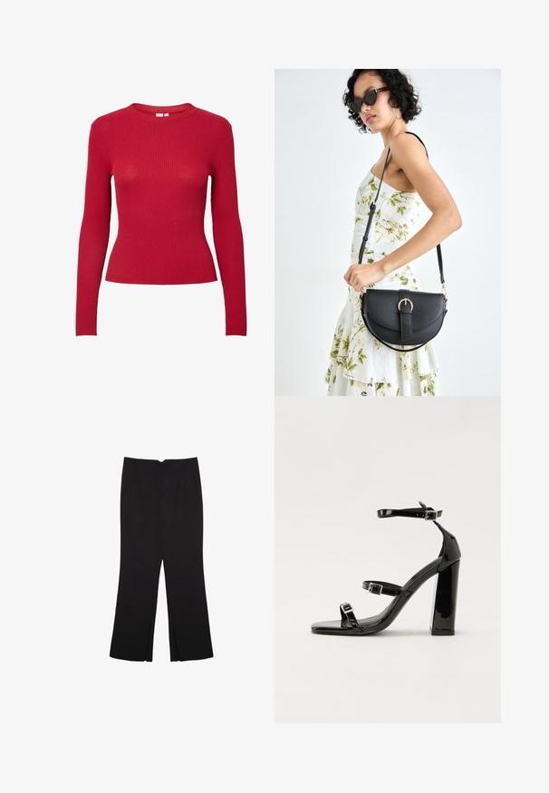 Punainen ribattu pitkähiha toppi, jossa on pyöreä pääntie ja tiukka muotoilu. Ominaisuuksina sileä pinta ja tasaiset pystysuorat viivat.; Mustat housut suoralinjaisella leikkauksella, joissa on etutaskut ja sivurei'ät helman alla. Valmistettu pehmeästä ja sileästä kankaasta. Sopii eri tilaisuuksiin.; Musta kiiltäväpintainen korkokengät, joissa on kaksi solkikiinnitystä, neliönmuotoinen kärki ja paksu korko, sileällä, kiiltävällä pintarakenteella.; Musta nahkainen käsilaukku, joka on kaareva muotoilultaan, irrotettavalla hihnalla ja kultaisilla yksityiskohdilla. Laukussa on läppä, jossa on solk yksityiskohta.