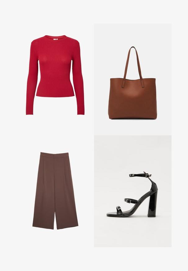 Rdeča rebrasta dolgotrajna majica z dolgimi rokavi in okroglo ovratnikom ter prilegnjeno silhueto. Ima gladko teksturo z enakomernimi navpičnimi črtami.; Rjave široke hlače z gladko teksturo, ki imajo visok pas in sprednje naborke. Tkanina je lahka in prosto pada.; Črne lakirane sandale s peto, kvadratnim prstom, trakovi okrog gležnja in srebrnimi zaponkami. Opremljene so s stabilno Debelo peto.; Rjava usnjena torba z gladko teksturo, odprto zasnovo zgoraj in dvema naramnima trakovoma. Opremljena je z minimalnim šivanjem in brez vidnih kovinskih delov.