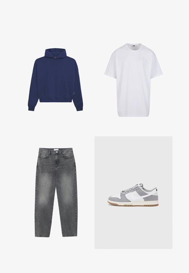 Námořnická modrá mikina z fleece materiálu, s přední klokaní kapsou, žebrovanými manžetami a volným střihem s kapucí na šňůrku.; Bílé triko z bavlny s krátkým rukávem, kulatým výstřihem, volným střihem a bez viditelných log či vzorů. Hladká textura a minimalistický design.; Kalhoty s vysokým pasem, volného střihu, vyrobené z vybledlého černého denimu. Mají pět kapes, poutka na opasek a čistý, rovný střih nohavic.; Tenisky Nike mají šedý semišový a bílý kožený svršek s perforacemi, kulaté tkaničky a gumovou podrážku pro lepší trakci.