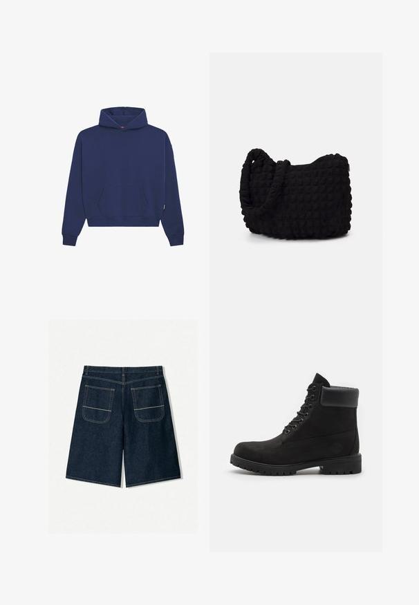 Navy sininen huppari fleece-materiaalista, jossa on edessä kenguru-tasku, ribbauskudot hihansuissa ja rento istuvuus nyörillisessä hupussa.; Tummansiniset farkkushortsit, joissa on löysä malli ja kaksi takataskua, joissa on erottuva ommel. Suora leikkaus ja polvenpituinen muotoilu.; Mustat nauhalla kiinnitettävät nilkkurit, joissa on pehmustettu kaulus ja jämäkkä pohja, esitettynä profiloituna valkoista taustaa vasten.; Musta kangaspussi, jossa on teksturoitu, tikkikuvio. Pyöreä muoto, lyhyet, paksut kahvat ja pehmeä, joustava rakenne.