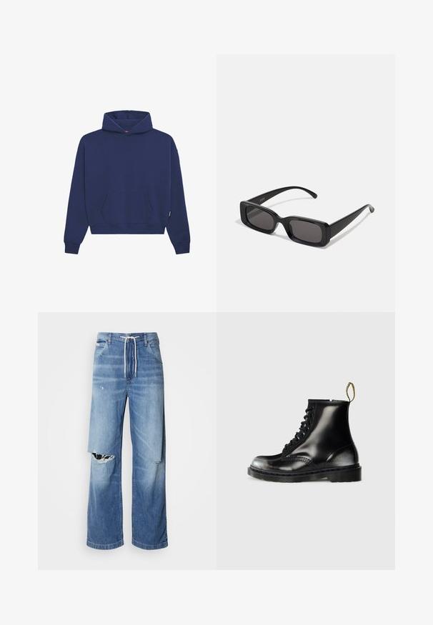 Sötétkék kapucnis felső, bolyhos anyagból készült, elülső kenguru zsebbel, bordázott mandzsettákkal és lazán illeszkedő szabással, húzózsinórral ellátott kapucnival.; Világoskék farmernadrág laza szabással, fehér húzózsinóros derékpánttal, a elején jellegzetes szakításokkal, amelyeken cérnával szelektált szélek láthatók.; Fekete bőr bokacsizmák fényes felülettel, nyolc fűzőlyukkal, fekete cipőfűzővel és húzófüllel. Mintás talppal rendelkezik.; Fekete, téglalap alakú napszemüveg sötét lencsékkel, fényes felülettel, széles szárakkal és masszív keret designnal. Az egyik szárra gravírozott márkanevével.