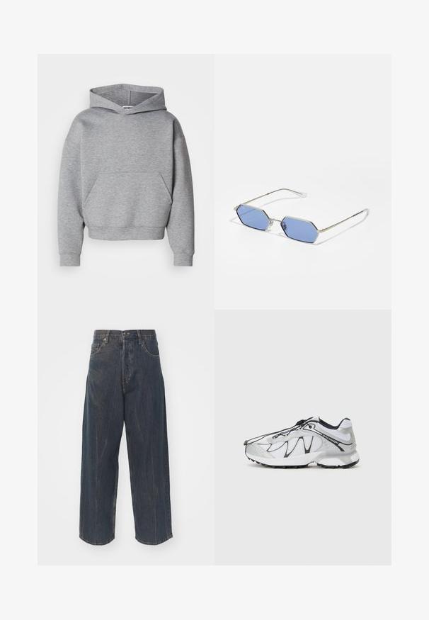 Felpa grigia corta realizzata in materiale morbido, con tasca frontale, maniche ampie e cappuccio classico con coulisse.; Jeans in denim blu scuro a gamba ampia con una sottile texture strappata, cinque tasche e una chiusura classica con bottone e zip in vita.; Scarpe atletiche bianche con tomaia in mesh, dettagli neri, suola in gomma texturizzata e sistema di allacciatura elastico. Leggere e dal design moderno.; Occhiali da sole esagonali con lenti blu e una sottile montatura in metallo argentato. Presentano aste sottili e naselli trasparenti per il massimo comfort.