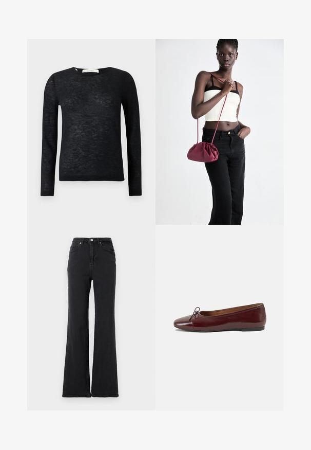 Schwarzer, transparenter, langärmliger, leichter Rundhals-Pullover mit feiner Strickstruktur sowie gerippten Bündchen und Saum.; Schwarze, hoch taillierte Jeans mit einem ausgestellten Bein, Knopfverschluss vorne und fünf Taschen-Design vor einem schlichten weißen Hintergrund.; Burgunderfarbenes, lackiertes Ballettschuh mit abgerundetem Zehenbereich, kleiner Schleifenakzent vorne und einer niedrigen, schwarzen Gummisohle. Glatte Textur.; Burgunderfarbene Handtasche aus weichem Stoff mit gerafftem Design und langem Trageriemen, quer über den Körper getragen. Das Modell trägt ein weißes Crop-Top und schwarze Jeans.