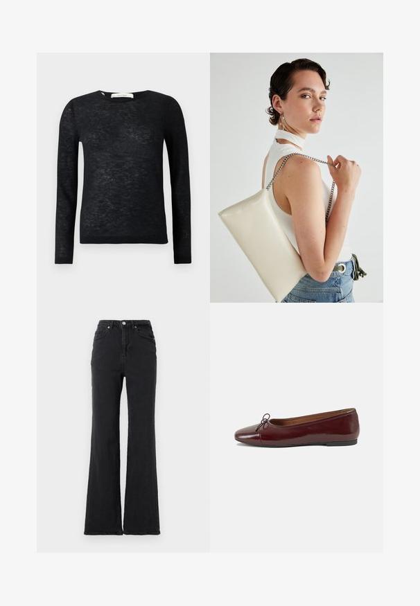 Schwarzer, transparenter, langärmliger, leichter Rundhals-Pullover mit feiner Strickstruktur sowie gerippten Bündchen und Saum.; Schwarze, hoch taillierte Jeans mit einem ausgestellten Bein, Knopfverschluss vorne und fünf Taschen-Design vor einem schlichten weißen Hintergrund.; Burgunderfarbenes, lackiertes Ballettschuh mit abgerundetem Zehenbereich, kleiner Schleifenakzent vorne und einer niedrigen, schwarzen Gummisohle. Glatte Textur.; Weiße rechteckige Clutch aus glänzendem Material mit einem silbernen Kettenriemen. Das Model posiert und präsentiert die Tasche vor einem schlichten Hintergrund.