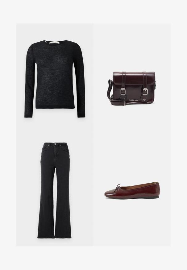 Fekete, áttetsző, hosszú ujjú, könnyű környakú pulóver finom kötött textúrával, bordás mandzsettákkal és aljjal.; Fekete, magas derékkal készült farmernadrág, harangszárú, elülső gombbal és öt zsebbel, sima fehér háttér előtt.; Burgundi lakkbőr balettcipő kerek orral, elöl kis masni díszítéssel és alacsony, fekete gumi talppal. Simára csiszolt felület.; Burgundy lakkbőr keresztpántos táska téglalap alakú, két pánttal, ezüst színű szerelvényekkel és fedélzárral.