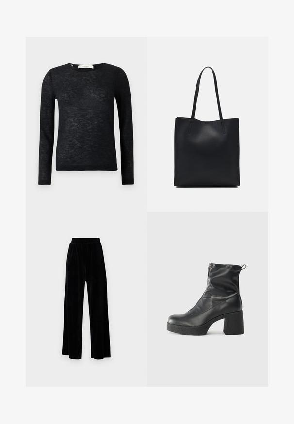 Svart, gjennomsiktig langermet lett crewneck genser med fin strikketekstur og ribbestrikkede mansjetter og nederkant.; Sorte vide bukser laget av myk vernet, med elastisk midjebånd og en jevn tekstur, uten synlige detaljer eller mønstre.; Svarte ankelstøvler laget av glatt lær, med glidelås på siden, chunky strukturert hæl, og rund tå-design.; Svart lær tote bag med glatt tekstur, rektangulær form og to lange håndtak. Ingen synlige deler eller dekorasjoner.