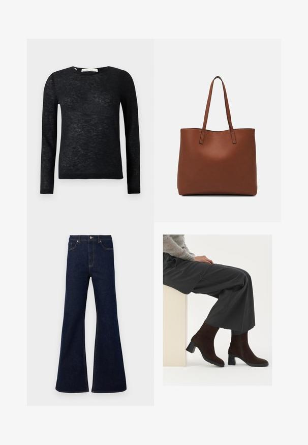Pulôver leve de malha fina com mangas longas e transparentes, com decote redondo, punhos e barra canelados.; Jeans de ganga boca de sino em azul escuro, com cintura alta, bolsos à frente e detalhes em costura dourada. Textura suave com um corte tradicional.; Botas de tornozelo em camurça castanha com um salto bloco e fecho de correr lateral, combinadas com calças cinzentas largas, sentadas contra um pedestal de cor clara.; Bolsa tote de couro castanho com uma textura suave, design de abertura superior e duas alças para o ombro. Apresenta costura mínima e sem hardware visível.