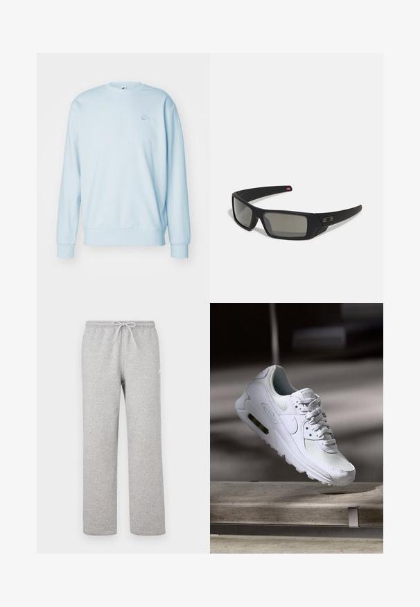 Nike Sportswear CLUB - Sweatshirt - glacier blue/white; Grå sweatpants laget av mykt stoff, med elastisk midjebånd og snøring, rette ben og en liten logo på siden.; Hvit Nike Air Max 90 sneakers med øvre del laget av mesh og skinn, perforert tåboks og en synlig luftenhet i hælen.; Sorte solbriller med mat finish, rektangulære linser, lett kurv på brillestengene, diskret logo detaljer, og røyktinted linser.