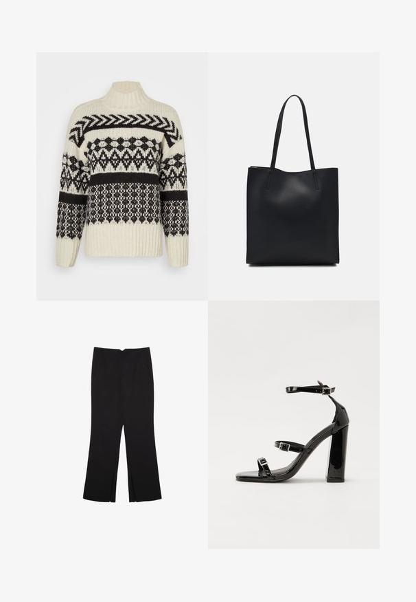 Cremfarbener gestrickter Pullover mit schwarzen geometrischen Mustern, hohem Kragen und gerippten Bündchen. Verfügt über unterschiedliche Texturen im gesamten Design.; Schwarze Hose mit geradem Schnitt, ausgestattet mit Fronttaschen und Seitenschlitzen am Saum. Hergestellt aus weichem, glattem Stoff. Geeignet für verschiedene Anlässe.; Schwarze patentierte Sandalen mit Absatz, quadratischer Spitze, Knöchelriemen und silbernen Schnallen. Mit einem stabilen Blockabsatz für mehr Stabilität.; Schwarze Laptoptasche aus Leder mit glatter Textur, rechteckiger Form und zwei langen Griffen. Keine sichtbaren Beschläge oder Verzierungen.