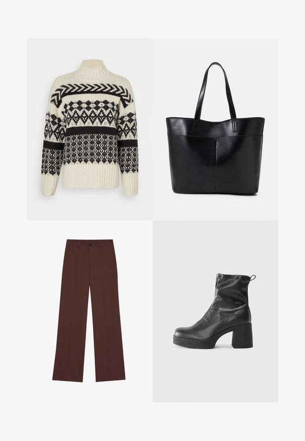 Κρεμ καλοκαιρινό πλεκτό πουλόβερ με μαύρα γεωμετρικά σχέδια, ψηλό λαιμό και ριμπ μανσέτες. Περιλαμβάνει ποικιλία υφών σε όλη τη σχεδίαση.; Πλατιά παντελόνια σε πλούσιο καφέ ύφασμα. Διαθέτει κλείσιμο με κουμπί, δύο μπροστινές τσέπες, λεία υφή και καθαρές γραμμές.; Μαύρες μποτές μέχρι τον αστράγαλο από λείο δέρμα, με πλευρικό φερμουάρ, χοντρό υφασμάτινο τακούνι και στρογγυλή μύτη.; Μαύρη δερμάτινη τσάντα tote με δύο μακριούς ιμάντες, λεία υφή και δομημένο σχήμα. Διαθέτει μπροστινή τσέπη για επιπλέον αποθήκευση.