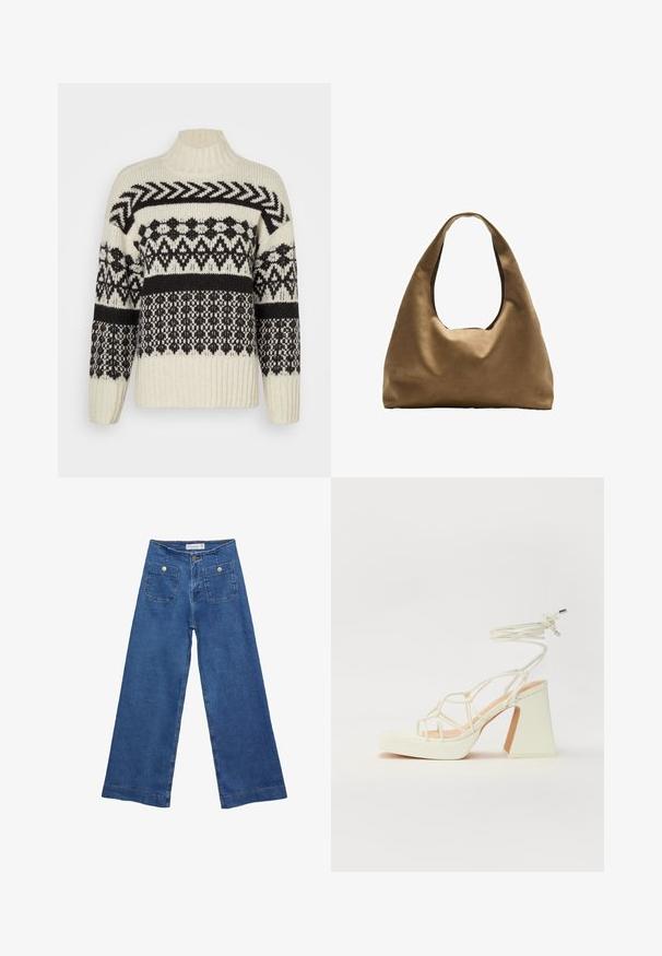 Kremnopletena jopica z črnimi geometrijskimi vzorci, visoka ovratnica in rebrasti manšeti. Ima različne teksture v celotnem dizajnu.; Jeans širokih nogavic iz denima z medenim modrim pranjem, dvema sprednjima žepoma z gumbnimi zaprtji in šivanjem ob robovih.; Bela sandala na visokih petah s debelim petam, ki ima obliko trakcev in vezanje okoli gležnja. Gladka tekstura z platformo spredaj za dodatno višino.; Brahna torba preko rame iz rjave tkanine s širokim, zaobljenim tijelom i velikim izrezanim ručkom. Meka tekstura, minimalistički dizajn i bez vidljivih metalnih dijelova.