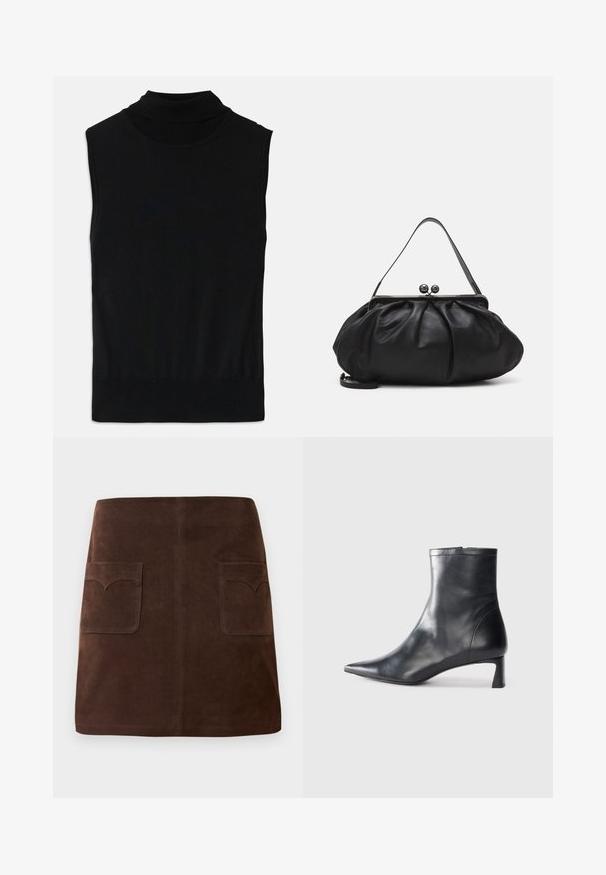 Mustmustava ilmaõlaga turtleneck kudum, millel on ribidega äär ja krae, lamab tasaselt valge tausta peal.; Pruun seemisabal, millel on klassikaline A-linja kuju, kaks eesmist taskut ümarate klappidega ja peened tikandi detailid.; Mustad mustall nahkasaabas terava nina ja stiilse disainiga. Omab madalat konts ja luku sulgemist taga. Sile tekstuur.; Must mustrida nahk-kott ümmarguse, kortsunud disainiga. Varustatud metallist klambriga, millel on kaks dekoratiivset palli ja õhuke, eemaldatav rihm.