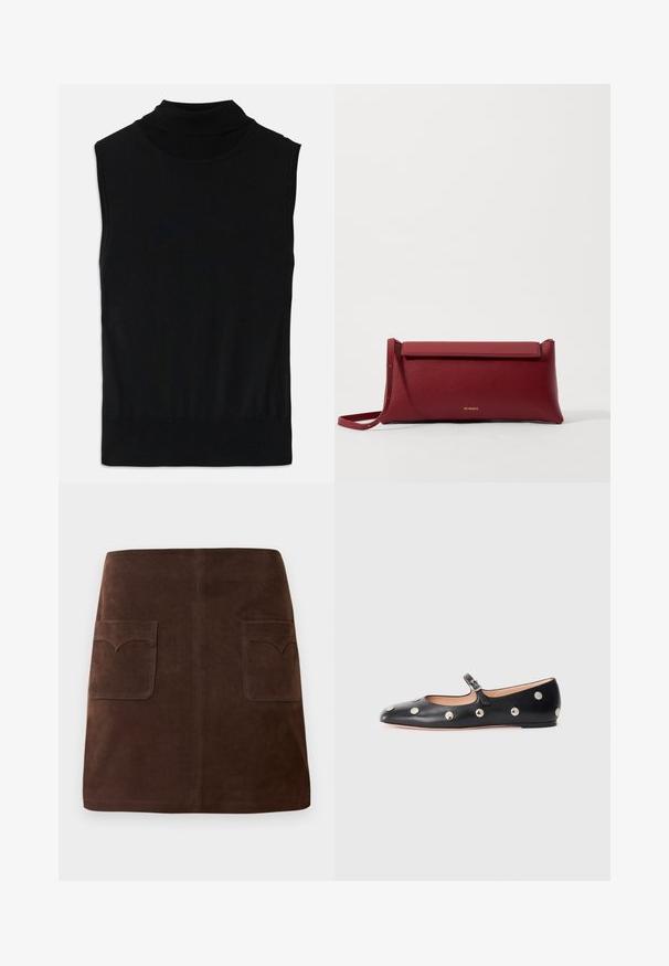 Čierny bezrukávový rolák z pleteniny s rebrovaným lemom a golierom, položený na bielom pozadí.; Hnedá semišová sukňa s klasickým A-silhouette, dvoma prednými vreckami so zaoblenými klapkami a jemnými detailmi prešitia.; Čierne kožené baleríny typu Mary Jane s okrúhlou špičkou, so striebornými kruhovými cvokmi a nastaviteľným remienkom so sponou.; Červená kožená klúčenka s textúrovaným povrchom, má plochý preklápací vrch a krátky popruh. Na prednej strane je jemné logo značky.