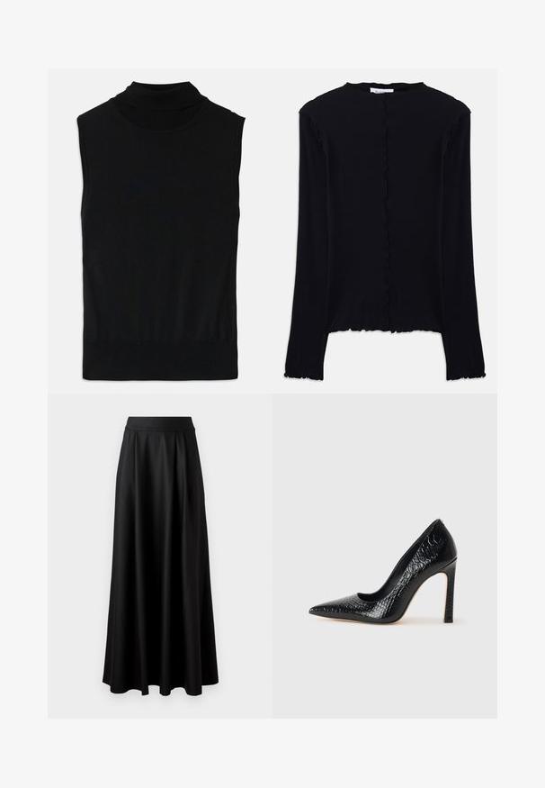 Mustaton hihaton pooloneulepaita, jossa on raidoitettu helma ja kaulus, levitettynä valkoista taustaa vasten.; Musta pitkähiha paita, joka on valmistettu pehmeästä kankaasta. Siinä on aaltoileva kaula-aukko ja helma, sekä yksinkertainen, vartaloa myötäilevä muotoilu. Ei lisäkoristeluja.; Mustat, lattiapituinen hame, jossa on sileä pinta, leveä vyötäröosa ja plissoitu muotoilu, ilman näkyviä kuvioita tai koristeita.; Musta kapea nilkkakorkokenkä krokotiilin nahkakuviolla, joka on varustettu tyylikkäällä muotoilulla, korkealla stiletto-korkealla ja sileällä mustalla sisäosalla.