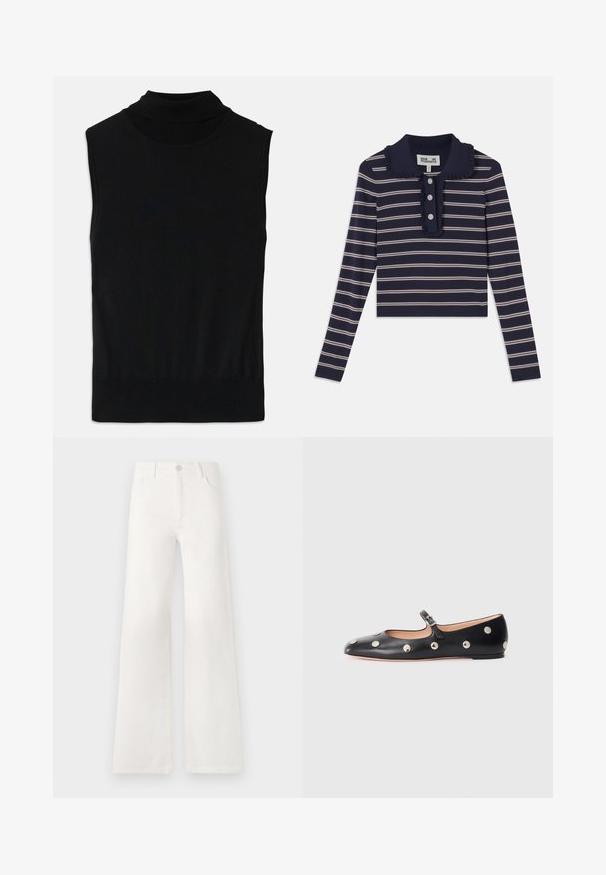 Top nero senza maniche a collo alto in maglina, con orlo e collo a coste, steso su uno sfondo bianco.; Camicia a maniche lunghe blu marina con strisce orizzontali rosa, colletto arricciato e placca con tre bottoni sul fronte; realizzata in un materiale morbido e elasticizzato.; Jeans bianchi a vita alta e gamba larga realizzati in denim. Presentano una chiusura con bottone, due tasche anteriori e cuciture decorative nei lati.; Scarpa flat nera in pelle tipo Mary Jane con punta arrotondata, caratterizzata da borchie circolari argentate e una fascia regolabile con fibbia.