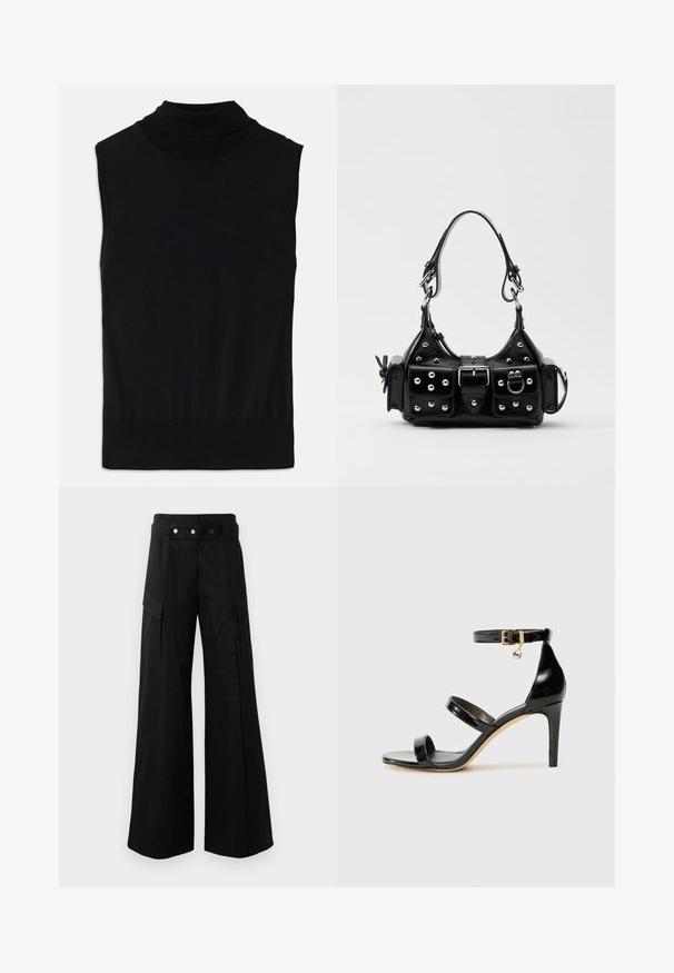 Zwarte mouwloze turtleneck gebreide top met ribbels aan de onderkant en kraag, plat gelegd op een witte achtergrond.; Zwarte wijde broek met hoge tailleband, voorzien van grote zijzakken, twee knopen aan de voorkant en een lusdetail. Gemaakt van stevige stof.; Zwarte gepatineerde leren sandaal met drie banden, enkelgesp en 10 cm hoge stiletto hak. Bevat gouden hardwaredetails en een logo charm.; Zwarte lederen handtas met een gebogen ontwerp, voorzien van zilveren studs, een gesp en twee zijvakken. Verstelbare schouderband voor verschillende draagmogelijkheden.