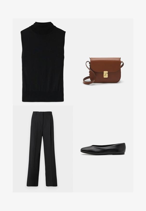 Schwarzes ärmelloses Rollkragen-Strickoberteil mit geripptem Saum und Kragen, flach auf einem weißen Hintergrund ausgelegt.; Schwarz gestreifte Hose mit lockerer Passform, flachem Bund, zwei seitlichen Taschen und glatter Stoffstruktur.; Paul Smith TOPANGA - Klassischer Ballerina - black; Braune Ledertasche mit Klappenverschluss, Beschlägen in Goldfarbe, einem Schultergurt und einer glatten Oberfläche. Kompakte rechteckige Form.