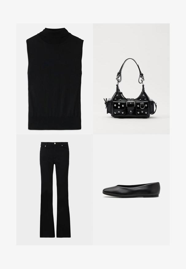 Top nero senza maniche a collo alto in maglina, con orlo e collo a coste, steso su uno sfondo bianco.; Jeans neri svasati in denim, dotati di due tasche anteriori, chiusura con bottone e una texture liscia. Cuciture iconiche visibili nei punti di giuntura.; Paul Smith TOPANGA - Ballerine - black; Borsa a mano in pelle nera con design curvo, caratterizzata da borchie argentate, una fibbia e due tasche laterali. Tracolla regolabile per diverse opzioni di trasporto.