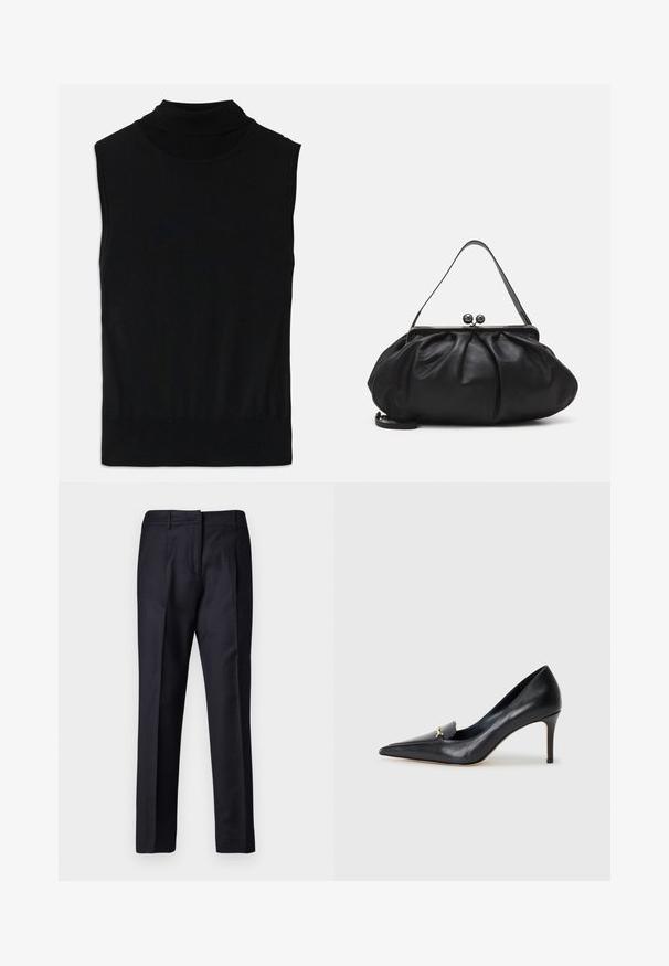 Juodas be rankovių turtlenekas, megztas su briaunotu sijonu ir apykakle, padėtas plokščiai ant balto fono.; Jūros pajėgų stiliaus kelnės su glotnia tekstūra, su plokščiu priekiu, dviem raukiniais ir diržo kilpomis. Tiesaus kirpimo, apdailintos hem.; Juodas odinis aukštakulnis batelis su smailiu pirštu, žemu iškirpimu ir dekoratyviu auksiniu akcentu. Yra stiletto kulnas ir glotnus paviršius.; Juodas odinis rankinė su apvalia, raukšlėtą dizainą. Priedai metalinė užsegimas su dviem dekoratyvinėmis kamuoliukais ir plona, nuimama pakaba.