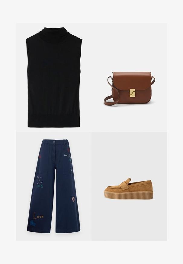 Czarny bezrękawnik z golfem wykonany z dzianiny, z prążkowanym wykończeniem u dołu i przy kołnierzu, ułożony na płasko na białym tle.; Granatowe spodnie z szerokimi nogawkami wykonane z bawełny, z licznymi kieszeniami. Ozdobione kolorowymi haftowanymi napisami i grafikami, w tym sercami i zabawnymi hasłami.; Brązowe zamszowe mokasyny z okrągłym noskiem, z wyprofilowaną podeszwą platformową i dekoracyjnym paskiem na górze.; Brązowa skórzana torebka na ramię z klapką, złotymi detalami, paskiem na ramię i gładką teksturą. Kompaktowy prostokątny kształt.