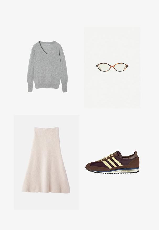Pulover din lână gri, cu un guler în V, mâneci lungi și manșete și tiv cu nervuri. Textură netedă, cu o culoare moale și neutră.; O fustă A-line de un bej deschis, confecționată dintr-un material moale și Texturat, având o talie netedă și o siluetă fluidă.; Sneaker maro și burgund cu materiale din suede și plasă, având trei dungi crem, țesătură texturată pe limbă și o talpă din cauciuc.; Ochelari cu ramă din tartan, cu lentile ovale și un finisaj elegant, neted. Prezintă margini subțiri cu o curbură subtilă la tâmple. Lentile clare.