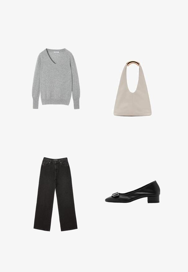 Pullover in misto lana grigio con scollo a V, maniche lunghe e polsini e orlo a coste. Tessuto liscio con un colore neutro e morbido.; Jeans neri a gamba larga realizzati in denim, caratterizzati da piccoli motivi a pois, design classico a cinque tasche e chiusura con bottone e zip.; Pumps in pelle nera con punta affusolata, tacco basso a blocco e dettaglio decorativo con fibbia sul davanti. Texture liscia e design semplice.; Borsa in pelle grigio chiaro con design a forma di U e manico metallico curvo. Texture liscia con cuciture minime e senza motivi visibili.