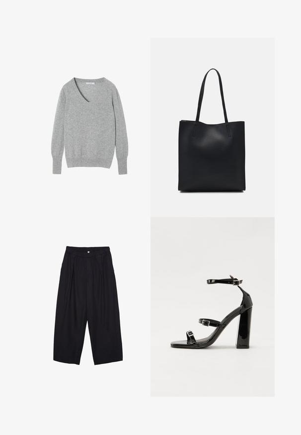 Grauer Wollmischpullover mit V-Ausschnitt, langen Ärmeln und gerippten Bündchen und Saum. Glatte Textur in einer sanften, neutralen Farbe.; Schwarze Polyester-Culotte mit einem elastischen Bund, zwei vorderen Falten und einer lockeren Silhouette. Keine sichtbaren Muster oder Hardware-Details.; Schwarze patentierte Sandalen mit Absatz, quadratischer Spitze, Knöchelriemen und silbernen Schnallen. Mit einem stabilen Blockabsatz für mehr Stabilität.; Schwarze Laptoptasche aus Leder mit glatter Textur, rechteckiger Form und zwei langen Griffen. Keine sichtbaren Beschläge oder Verzierungen.