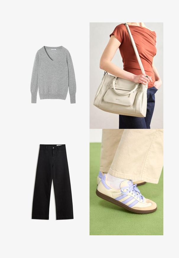 Grauer Wollmischpullover mit V-Ausschnitt, langen Ärmeln und gerippten Bündchen und Saum. Glatte Textur in einer sanften, neutralen Farbe.; Schwarze weit geschnittene Jeans mit hoher Taille, ausgestattet mit Vorder- und Hintertaschen, gesteppten Nähten und einem Knopfverschluss. Glatte Textur.; Cremefarbene und lavendelfarbene Sneakers mit drei Streifen und einer strukturierten braunen Sohle, ausgestattet mit Schnürsenkeln und einer gepolsterten Ferse. Obermaterial aus weichem Stoff.; Weiße Lederhandtasche mit zwei Griffen und einem abnehmbaren Schulterriemen, ausgestattet mit einer vorderen Reißverschlusstasche und glatter Textur. Wird am Arm einer Person getragen.