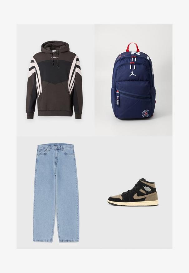 Tmavě šedá a černá mikina Adidas s bílými pruhy na rukávech a přední kapse, s kapucí se stahovací šňůrkou a logem na hrudi.; Světle modré džíny s rovnými nohavicemi, středním pasem, pěti kapsami a zapínáním na knoflík a zip.; Kotníkové tenisky z černé a béžové semiše, s perforovanou špičkou, béžovou stélkou, černými tkaničkami a stříbrným logem na boku.; Námořnický batoh s červenými akcenty, několika zipovými přihrádkami, nášivkami s logem a nastavovacími popruhy. Vyrobeno z odolné tkaniny.
