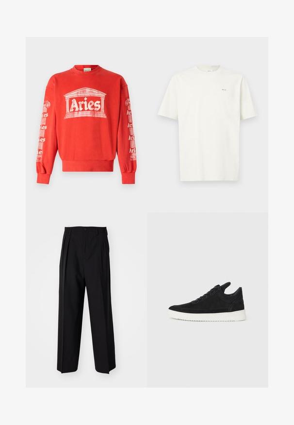 Červená mikina s okrúhlym výstrihom, na prednej strane a rukávoch s bielou grafikou stĺpa a slovom "Baran". Materiál je mäkká bavlna.; Biela krátk approach tričko s krátkym rukávom s malým čiernym nápisom "NN. 07" na ľavej hrudi na svetlom pozadí.; Čierne skladané nohavice s rovnom, širokým strihom. Vyrobené z hladkého materiálu, s gombíkovým zapínaním a pútkami na opasok.; čierne semišové tenisky s bielou gumovou podrážkou, s tonálnym prešívaním a šnurovaním. Hladká textúra s moderným, zjednodušeným tvarom.