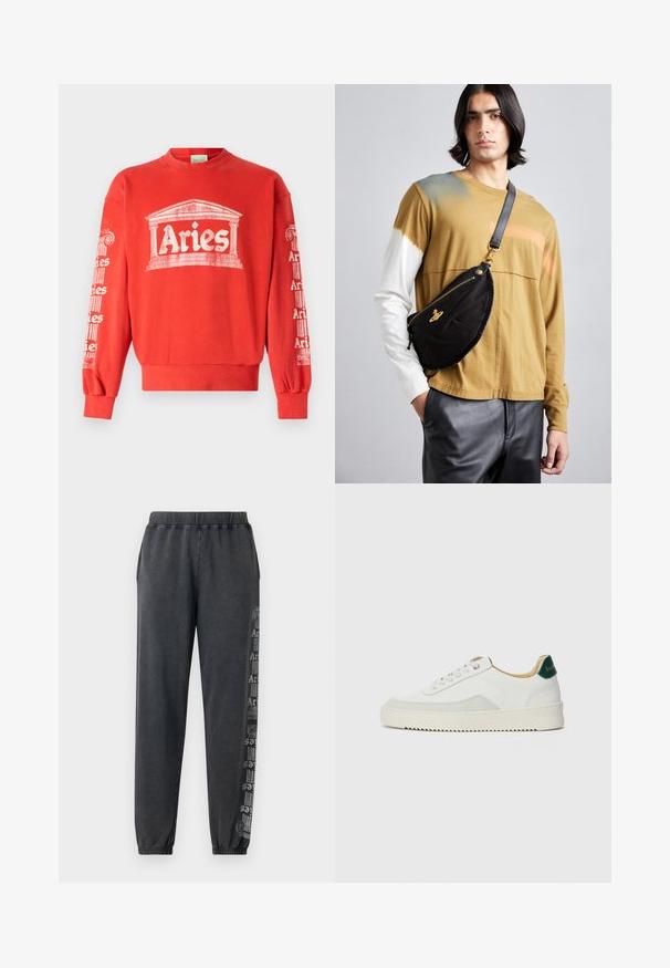 Rotes Sweatshirt mit Rundhalsausschnitt, das auf der Vorderseite und den Ärmeln eine weiße Grafik einer Säule und das Wort "Widder" zeigt. Der Stoff ist aus weicher Baumwolle.; Graue Jogginghose mit elastischem Bund und Bündchen, die auf einer Seite ein vertikales grafisches Muster in einer kontrastierenden Farbe aufweist.; Weiße Sneaker mit Wildlederelementen, runder Zehenpartie, flachen Schnürsenkeln und einer cremefarbenen Gummisohle. Mit grünen Markenlogo am Fersenbereich.; Vivienne Westwood CITY BUMBAG UNISEX - Gürteltasche - black