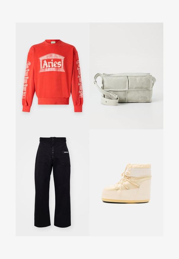 Felpa rossa con colletto rotondo, dotata di una grafica bianca di una colonna e della parola "Ariete" sulla parte anteriore e sulle maniche. Il tessuto è in morbido cotone.; Pantaloni cargo neri a gamba larga, con chiusura a zip e Velcro, dotati di due tasche frontali e una tasca laterale con un dettaglio hardware rettangolare.; Moon Boot beige chiaro con punta arrotondata, chiusura a lacci e suola in gomma testurizzata. Presenta un marchio bianco e materiali sintetici lisci.; MM6 Maison Margiela TOP HANDLE MINI BAG UNISEX - Borsa a tracolla - vaporous grey