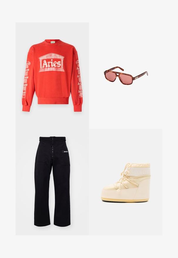 Red sweatshirt with a round neck, featuring a white graphic of a column and the word "Aries" on the front and sleeves. Fabric is soft cotton.; Black, wide-leg cargo pants with a zip and Velcro closure, featuring two front pockets and a side pocket with a rectangular hardware detail.; Light beige Moon Boot with a rounded toe, drawstring closure, and textured rubber sole. Features white branding and smooth synthetic materials.; Brown tortoiseshell sunglasses with pink lenses. Features an angular design and the brand logo "GCDS" in white on the arm.