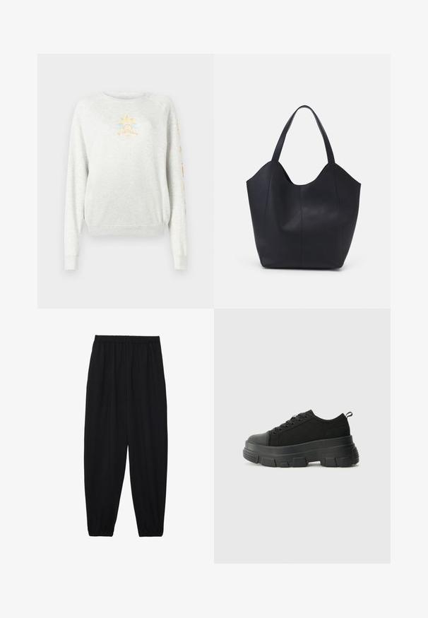 Helehall sweatshirt, millel on soonikkoes ja hem. Ees on kollane ja sinine päikese graafika ning varrukal värvilised tekstid.; Mustad, kerge kangas püksid elastse vöökoha ja kokku volditud pahkluudega. Kanga pind on sile ja disain on lõdvestunud, kitsenev.; Mustad mustad mustikad, millel on tugev kummist põhi, tekstuuriga kangast pealis, ümar varvas ja seotud disain. Omab tugevdatud silmuseid ja tagumist tõmbeotsta.; Must must kinnas must rinna, millel on kaarjas avatud ülemine osa, kaks õlarihma ja minimalistlik disain.